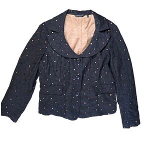 Samuel Dong Black Eyelet Blazer Jacket Portrait Collar Scalloped Embroidered‎ L
